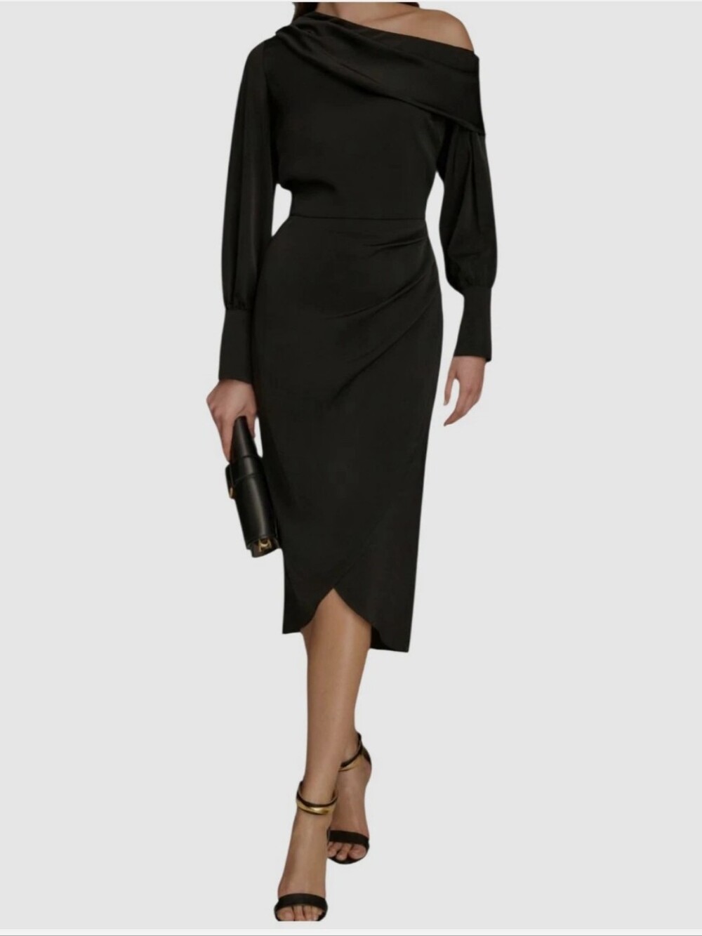 Donna Karen Off-Shoulder Black Midi Dress